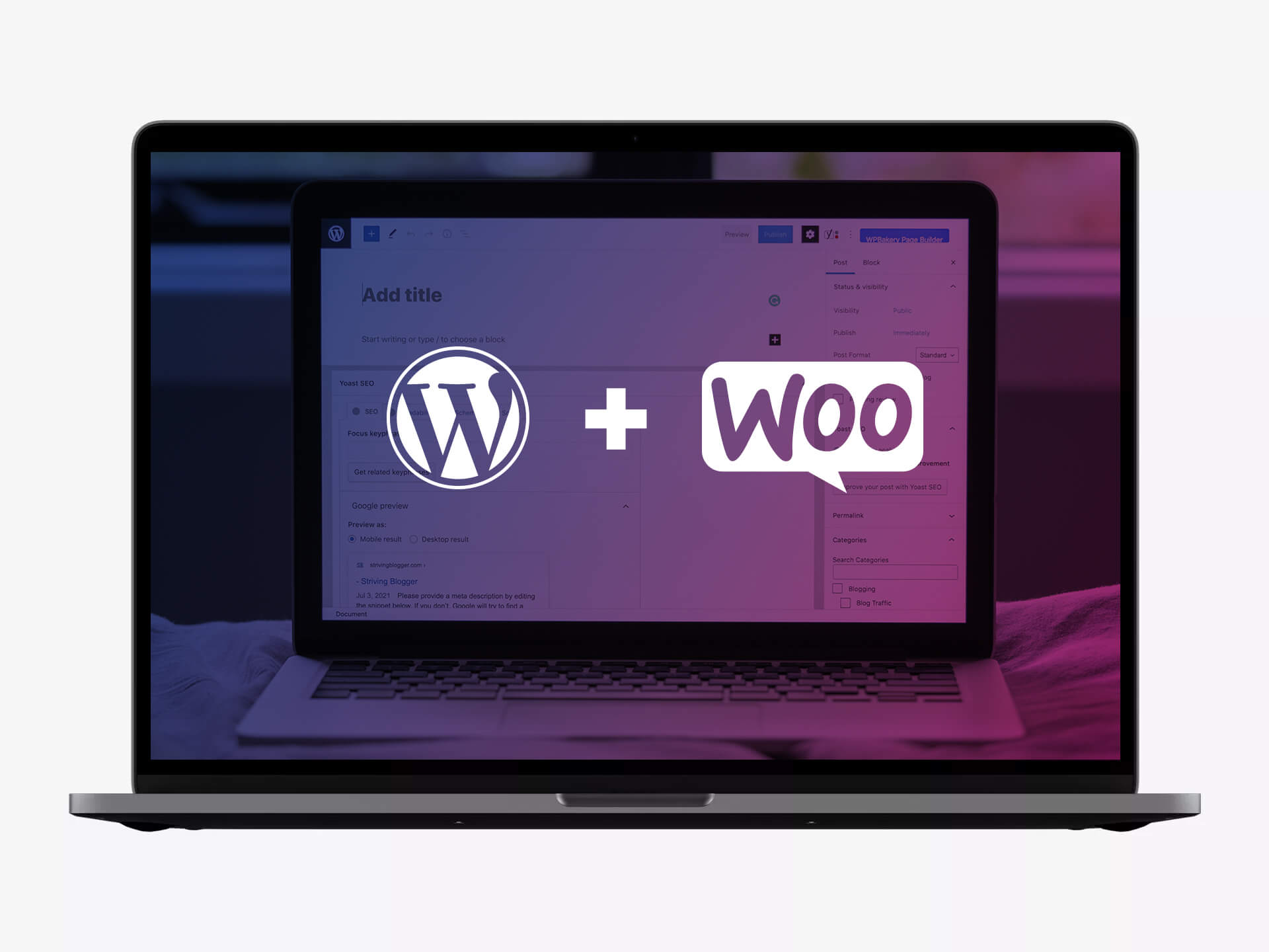 Laptop frontale Ansicht mit WordPress und WooCommerce Icons