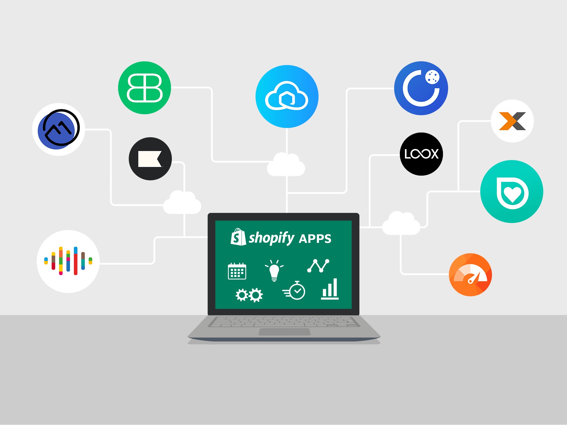 Grafik Shopify Marketing Laptop mit App Icons