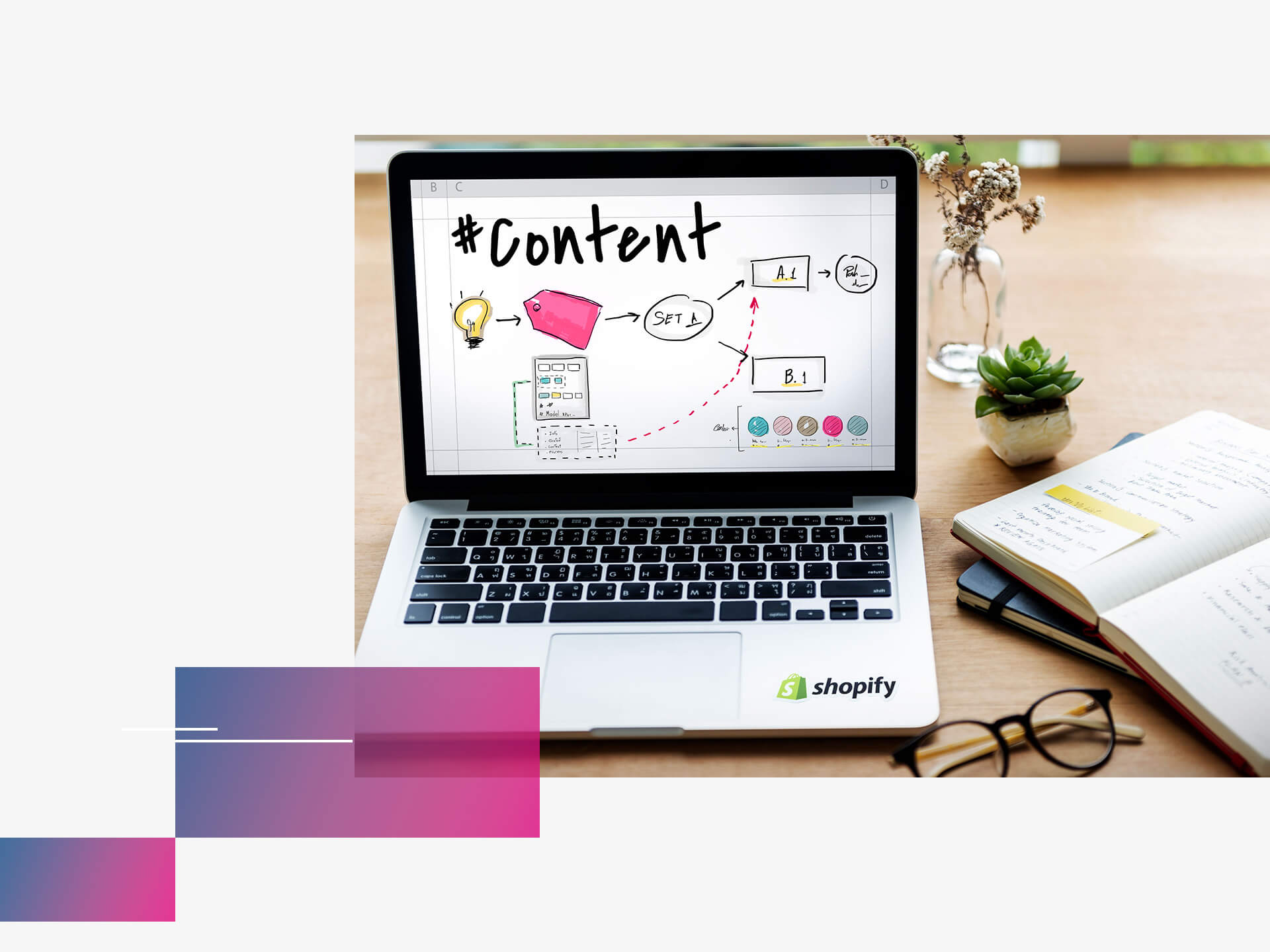 Laptop mit Shopify Content auf Screen & Shopify Logo
