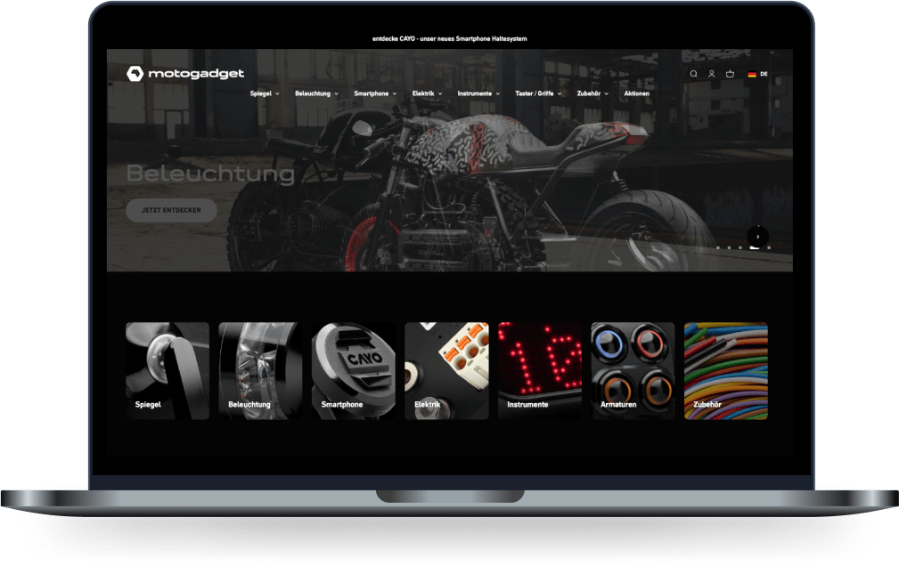 motogadget Shopify Plus Projekt Startseite auf Laptop