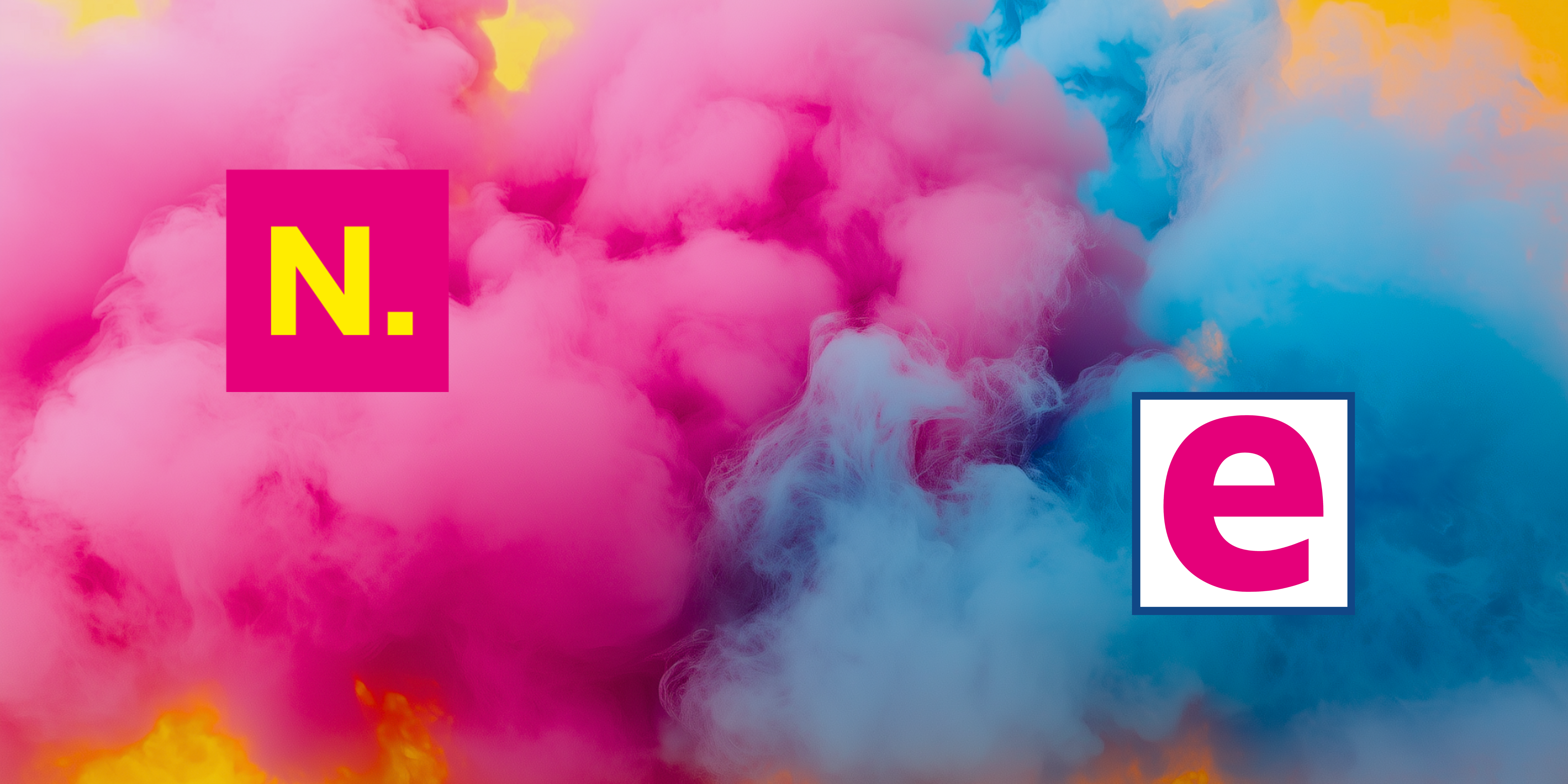 eCommercely wird in NETFORMIC integriert eCommercely und NETFORMIC Icon vor bunten Wolken